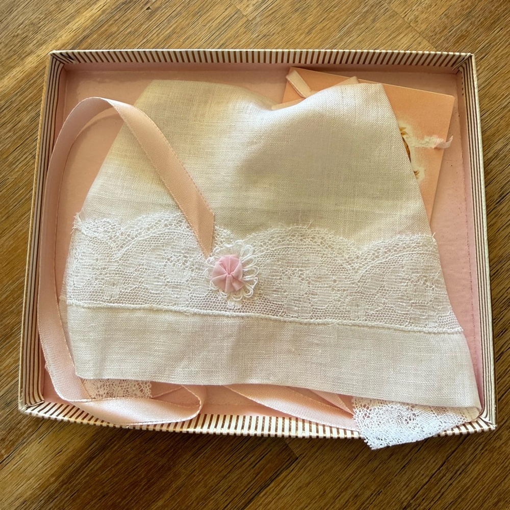 Vintage Nasharr Creation Lace Baby Bonnet with Pink Ribbon